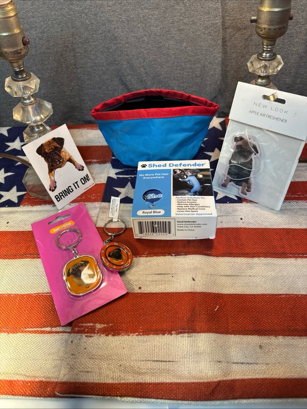 Pug bundle! Includes travel bowl, shed defender outfit, 2 key chains & more